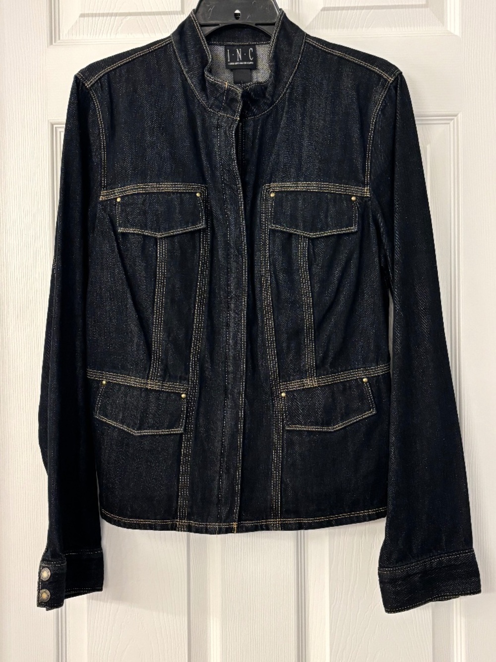 INC International Concepts Dark Wash Denim Utility Jacket Size L 4 Pocket